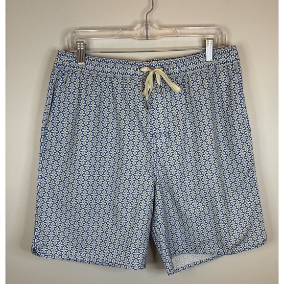 FAIR HARBOR Anchor Swim Trunk Men XL Blue White Geometric Lined 8" Shorts Beach - Picture 1 of 11